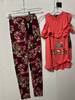 coral ruffle tee & floral burgundy leggings matching set